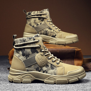 2024 New Men's Camouflage Canvas Martins Boots High-top Casual All-match Breathable Workwear Men's Shoes Western Cowboy Boots