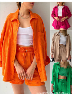 Cross-border Women's new two-piece cotton ruffle lapel long sleeve shirt drawstring shorts fashion casual suit