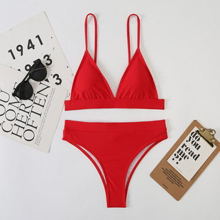 New ladies swimsuit cross-border for Europe and the United States sexy solid color high waist split bikini single strap bikini