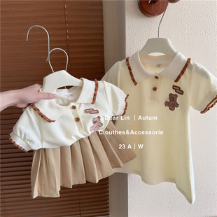South Korea children's clothing baby girls' short-sleeved cotton dress Summer 2024 New girls' preppy style cartoon Polo skirt