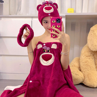 Cute Cartoon Big Eye Dry Hair Hat Bath Towel Towel Three-piece Coral Fleece Bath Dress Wearable and Wrapping Adult Absorbent