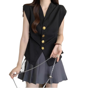 Elegant V-neck Button Irregular Suit Vest Shirt Women's Summer New Fashion Korean Sweet Sleeveless Top
