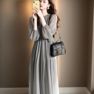 Spring and Summer French Unique Beautiful Temperament Goddess Fan Long Dress High-end Zhuang Da Temperature Soft Wind Green dress