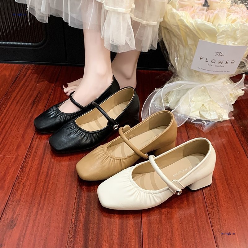 French Retro Mary Jane Shoes 2025 New Style Square Toe Chunky Heel High Heels with Pleated Strap and Soft Leather