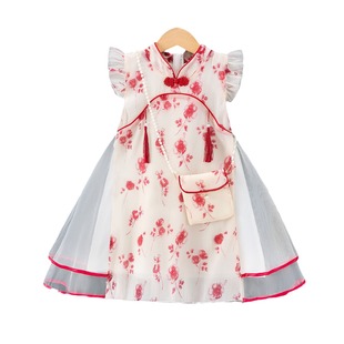 Children's Cheongsam dress 2024 Summer New Children's New Printed Cheongsam Dress Veil Dress Hanfu Dress Princess Dress