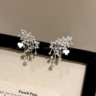 Liu Yifei Rose Same Zircon Pearl Earrings Women's Bright Nebula Earrings Niche Design High-grade Earrings