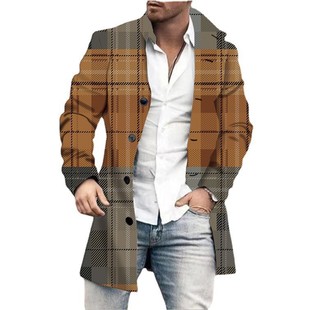 2024 European and American New Independent Station Men's 3D Printed Woolen Stand Collar Mid-length Casual Pocket Coat Jacket