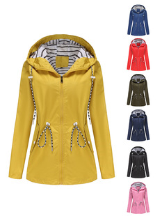 2025 Europe and the United States new long sleeve anti-splashing long trench coat women's hooded raincoat cross-border plus size women's stripes