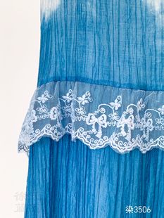 Dali Handmade Tie-Dye Ethnic Style Dress Summer Casual Vacation Blue Dyed Lace Elegant Halterneck Dress # 3506