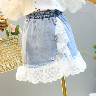 Girl's 2023 Summer New Cartoon Pony Puff Sleeve T-shirt Top Lace Stitching Denim Skirt