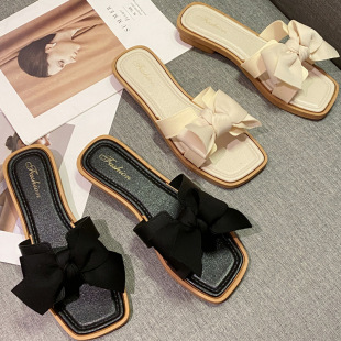 Bowknot slippers women's summer outdoor square toe slippers 2023 New Fashion Net red beach flat sandals
