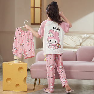 Girls' Pajamas Modal Summer Ultra-thin Children's Three-piece Set Girls' Short-sleeved Big Children's Air-conditioning Suit 2025 New Style
