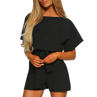 Shiying European and American solid color sportswear high waist shorts women's 2021 new round neck short sleeve lace-up jumpsuit 64515