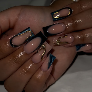 Cross-border hot sale set of 24 pieces of powder gold gradient 3D stripes French medium almond nail fake nails wholesale