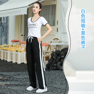 Spring New Round Neck Short-sleeved Women's T-shirt Ice Porcelain Cotton Sports Leisure Group Square Dance Clothing Women's Straight Pants