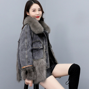 2024 autumn and winter Korean version of the new Denim imitation fox fur parka women's long thick fur coat