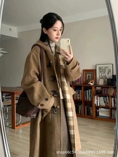 Han Xi Retro Plaid Double-Sided Wool Coat Women's High-end Sense Duffle Button Double-Sided Loose Hooded Wool Coat
