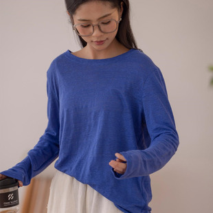 2024 Summer New Arrival Hemp Elastic Breathable Casual All-Match Round Neck Shoulder Base Shirt Pullover Long-Sleeved T-Shirt