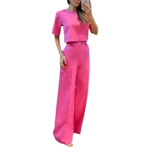 In stock! 2023 European and American cross-border summer new suit fashion solid color casual wide leg trousers + short sleeve top