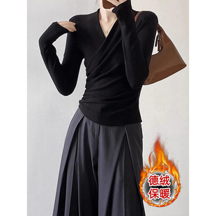Maillard Style Autumn and Winter New Slim-fit Fleece Base Shirt Women's Long-sleeved T-shirt Stuckle Waist Pleated V-neck Top