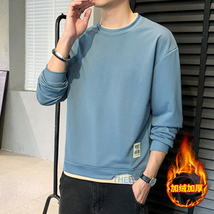 Sweater men's fake two-piece Winter 2023 new fashion brand ins fleece-lined bottoming shirt winter long-sleeved T-shirt clothes