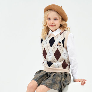 Boys and Girls sweater vest Spring and Autumn new medium and big children contrast color plaid college style retro sweater vest vest