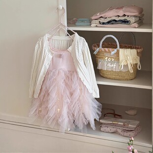 Cute Children's Wear 2025 Spring and Summer New Arrival Girls Korean Style Cotton Cardigan Strap Flower Mesh Princess Skirt