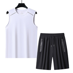 Ice Silk Sports Vest Shorts suit plus size Men's Summer Quick-drying Sleeveless Waistcoat Basketball Loose Running Fitness