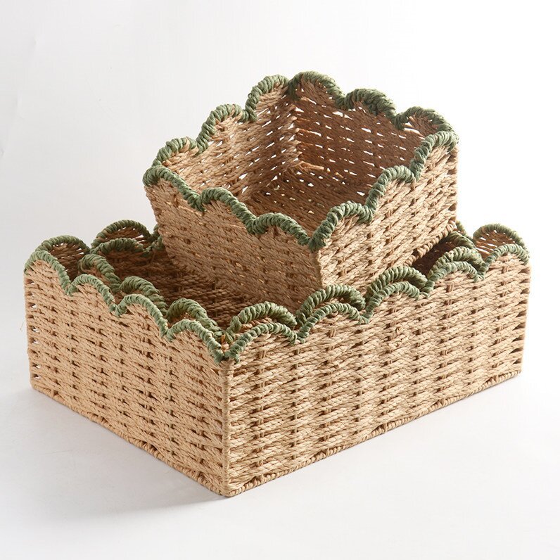 Retro Green Hand-Woven Paper Rope Storage Basket, Snack Basket, Fruit and Vegetable Basket, Pastoral Style