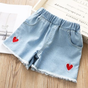 Girls' Denim Shorts Summer 2023 New Children's Stylishness Embroidered Red Heart Pants Korean Style Outer Wear Pants