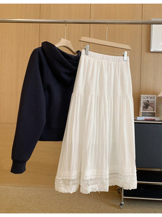 Chunjian Jasmine ~ French Fairy White Cake Skirt Lace Stitching A- word Large Swing Umbrella Skirt Long Skirt Women