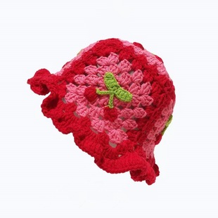 New Japanese Style Cherry Handmade Wool Breathable Fashionable Knitted Basin Hat Autumn and Winter Woolen Hat Showing Face Small Wholesale
