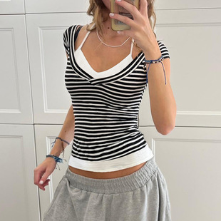 Hanging Neck Strap Stitching Striped Contrast Color Fake Two-piece Short-sleeved American Style Spice Girl Casual White-rimmed Slim-fit Slim-fit Short Top