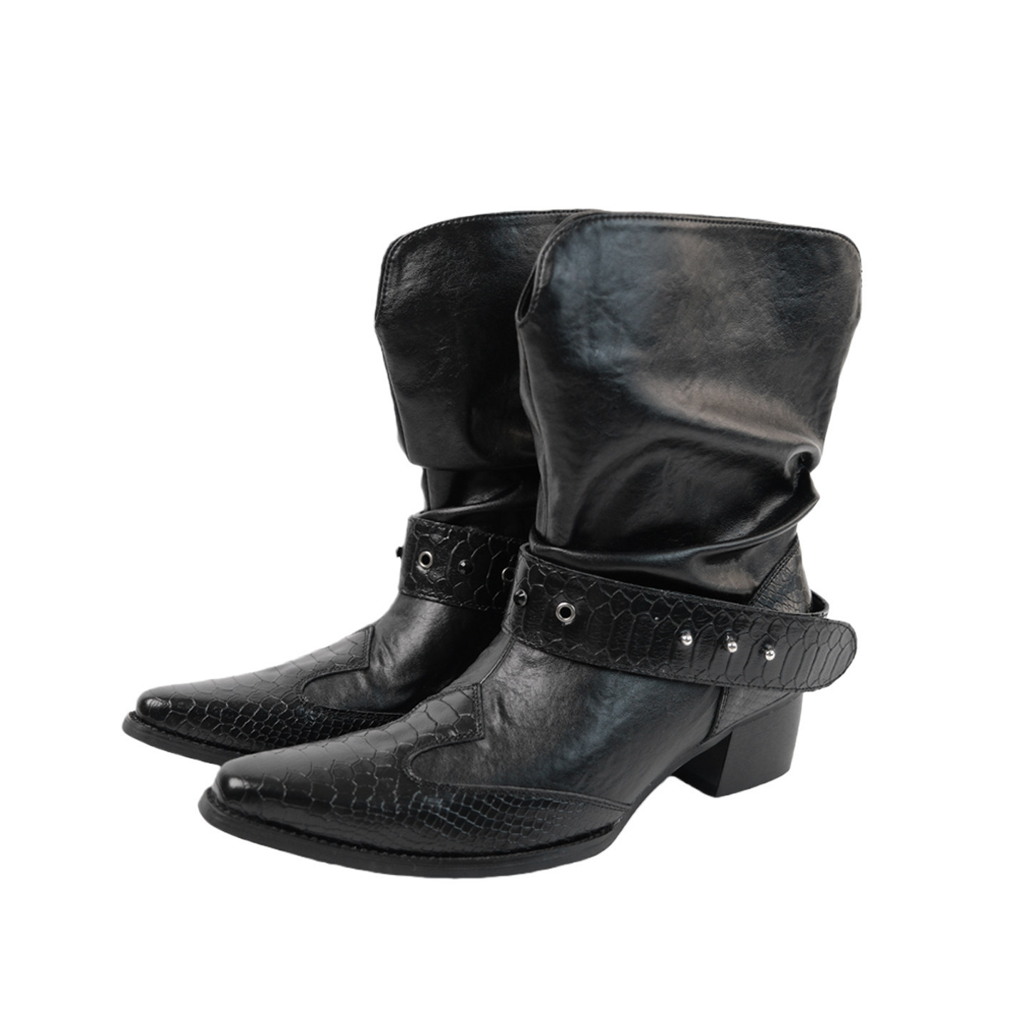 First Encounter with the Pleated Western Short Boots for Women, Slimming Motorcycle-Style Chunky Heel Black Pointed-Toe Riding Boots
