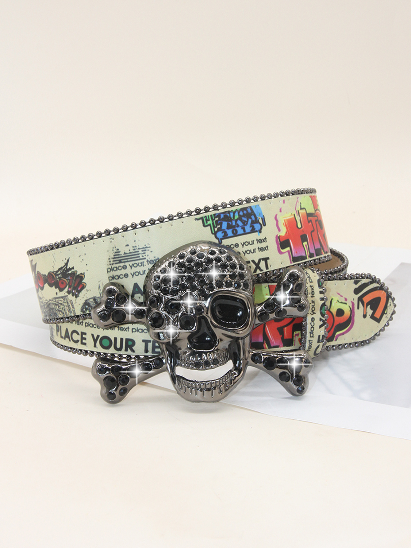 Original Big Skull Water Drill Printed Graffiti Belt Y2K Trendy Leather Printed Belt Subculture Trend