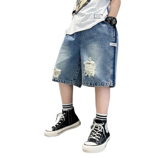 Children's Korean-style 2024 Summer New Rapped Denim Shorts Big Children's Outer Wear Summer Thin Pants Five-point Pants