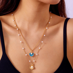 European and American Cross-border Pearl Shell Long Ocean Style Holiday Necklace Women's Shell Starfish All-match Double-layer Necklace suit