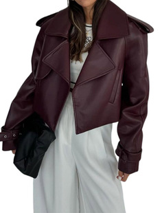 Cross-border European and American Explosions dark red Long Sleeve Jacket Fashion Retro Lapel Motorcycle Short Leather Jacket