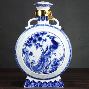 5kg Ceramic Wine Bottle Wine Jar Wine Bottle Empty Blue and White Flat Bottle Peacock Shepherd Boy Figure Antique Household Wine Jug