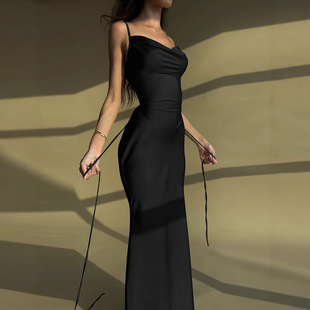 European and American 2025 foreign trade spring and summer temperament sexy solid color stitching lace-up slim sling long dress wholesale