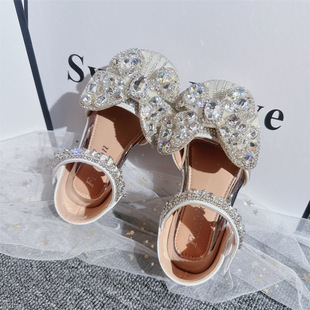 Flat Spring Summer Little Girl Rhinestone Girl Princess Shoes Shoes Performance Small Leather Shoes New 2024 Children Crystal Shoes