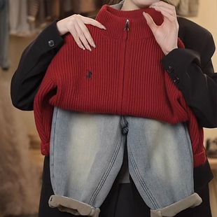 2025 New Children's Fashion Round Neck All-match Retro Pattern Korean Knitted Red Cardigan Embroidered Sweater Trendy