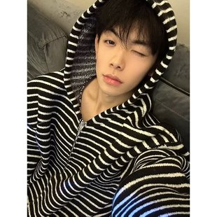 Striped Cardigan Hooded Knitwear Men's Autumn and Winter American Youth Casual Loose Lazy Style Knitwear Jacket