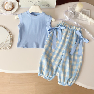 Girls' suit 2025 Summer New Korean Style Children's Sleeveless T-Shirt Plaid Pants Sports suit Girls' Hair