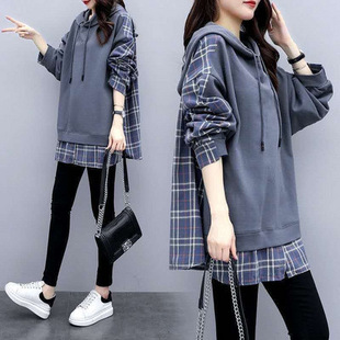 6535 Cotton Fake Two-Piece Sweater Women's ins Hooded 2023 Spring and Autumn Women's Korean Style Loose Large Size Women's Clothing New Fashion