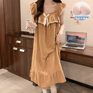 Little Flying Sleeve Solid Color Simple Lace Trim Nightdress for Women, Summer Cloud Cotton with Chest Pad, Loose Casual Export Dress