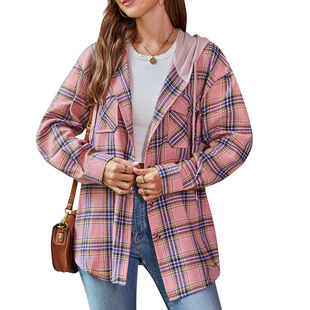 Cross-Border European and American Export Women's Clothing 2023 Autumn and Winter New Amazon Women's Casual Hoodie Plaid Shirt