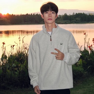 Half-Zip Stand-Up Collar Sweatshirt for Men in Autumn and Winter Fleece-Lined to Heattech Japanese Style Retro Loose Casual Youth Pullover Top