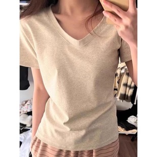 Fashionable Simple V-neck Shoulder T-shirt Women's Short-sleeved Summer Basic Slim-fit Slimming Casual Internet Trendy Ins Top Clothes