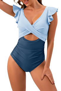 2024 New European and American Conservative Swimsuit Women's Ruffled Cross Hollow Foreign Trade Cross-border Bikini Swimsuit